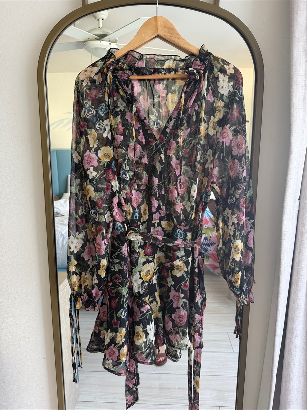 Zara Black Floral Mini Dress with Pink, Yellow & White Blooms